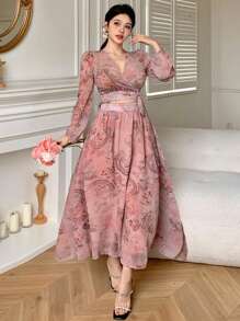 DAZY 2pcs/Set Women All-Over Floral Print V-Neck Tie-Up Top And Skirt - Pink - View 3