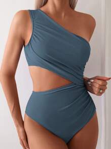 SHEIN Swim 1pc Women Solid Color Oblique Shoulder Swimsuit, Minimalist And Fashionable For Summer - Dusty Blue - View 5