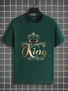 Manfinity Homme Áo thun nam cổ tròn tay ngắn in chữ và vương miện thường ngày mùa hè - Màu xanh lá cây đậm - Xem 4