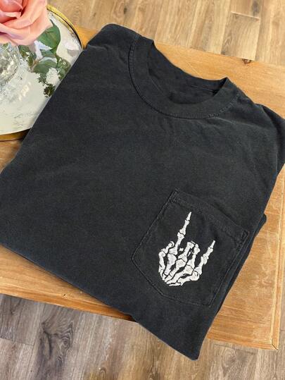 INAWLY Embroidered Skull Pocket T-Shirt Short Sleeve Skull Hand T-Shirt Comfortable Colorful Pocket T-Shirt Metal Shirt Alternative Ladies Shirt