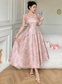 DAZY 女士印花无袖方领连衣裙/长款连衣裙 - 粉色 - 查看 6