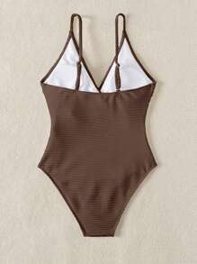 Swim Chiccia 女士纯色环链肩带连体泳衣，时尚度假装 - 棕色 - 查看 4