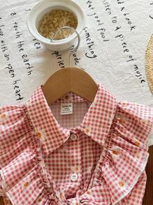 SHEIN Casual Baby Girl Checkered Ruffle Collar Blouse, Versatile For Summer - Pink - View 5