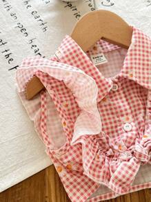 SHEIN Casual Baby Girl Checkered Ruffle Collar Blouse, Versatile For Summer - Pink - View 6