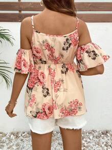 SHEIN Boho Maternity Ditsy Floral Woven Fabric Blouse With Cold Shoulder And Ruffle Hem Detail - Pink - View 2