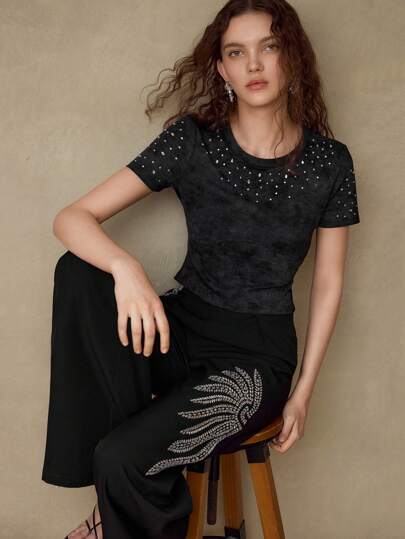 MOTF PREMIUM CAMISETA DE MANGA CORTA CON RHINESTONES