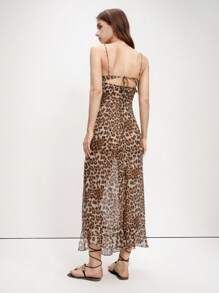 SHEIN LUNE Gaun Maxi Wanita Motif Leopard Chiffon dengan Tali Bahu Tipis, Kotak-kotak Cokelat, Musim Panas, Kasual, Liburan, Gaun Pesta Malam dengan Hiasan Ruffle Motif Cheetah - Coffee Brown - View 2