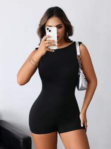 INAWLY Women's Solid Color Scoop Neck Sleeveless Fitted Romper In Summer - Black - View 6