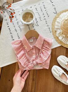 SHEIN Casual Baby Girl Checkered Ruffle Collar Blouse, Versatile For Summer - Pink - View 1