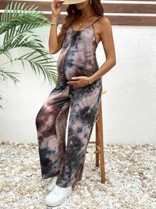 SHEIN Maternity Casual Tie-Dye One Shoulder Sleeveless Long Jumpsuit With Pockets - Multicolor - View 5
