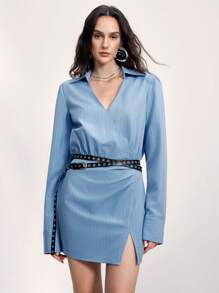 SHEIN LUNE Stylish Woven Mini Dress For Women: Blue Pinstriped Wrap Dress With Collar, Extra-Long Sleeves, And Asymmetrical Hem Fall Cloth For Women - Blue - View 5