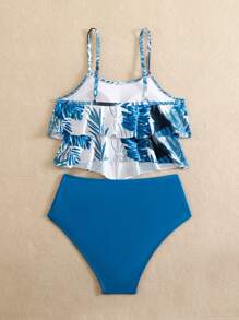 SHEIN Swim Women's Tankini Swimwear Set With Ruffled Hem, High Waisted Triangle Bottoms For Summer Beach Vacation - Blue - View 2
