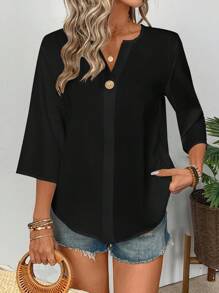 SHEIN LUNE Women's Commuter Minimalist V-Neck 3/4 Sleeve Blouse