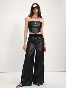 SHEIN LUNE Pantalones de cintura alta y pierna ancha con diseño de empalme de piel sintética para mujeres, casuales y versátiles - Negro - Ver 5