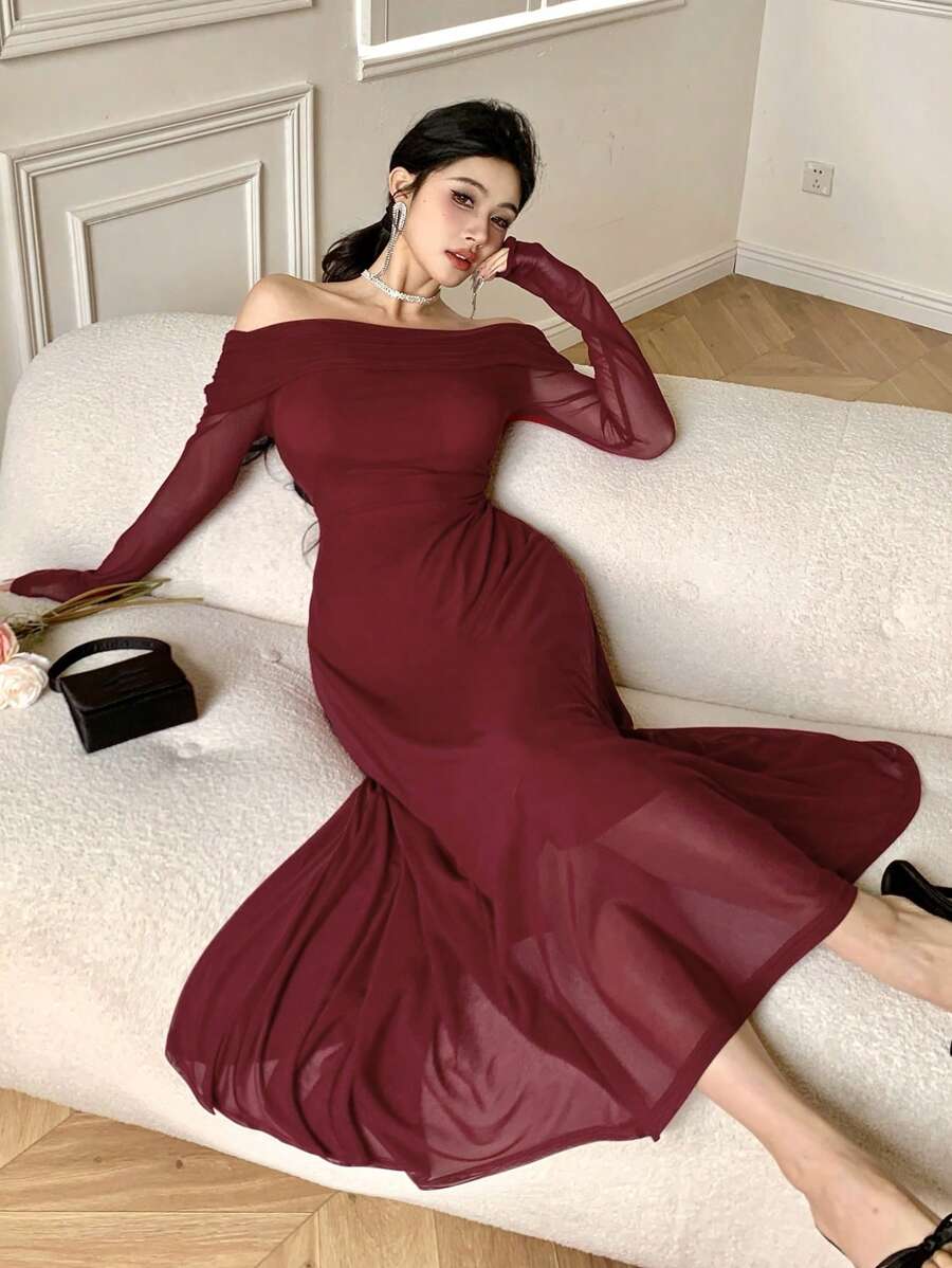 DAZY Vestido midi elegante de un solo hombro de unicolor para invitados de boda, vestido de graduación elegante de primavera/otoño, vestido de boda de manga larga para mujeres, nuevo año - Burdeos - Ver 1
