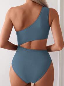 SHEIN Swim 1pc Women Solid Color Oblique Shoulder Swimsuit, Minimalist And Fashionable For Summer - Dusty Blue - View 2