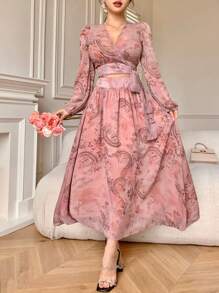 DAZY 2pcs/Set Women All-Over Floral Print V-Neck Tie-Up Top And Skirt - Pink - View 8