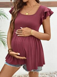 SHEIN Burgundy Maternity Knitted Casual T-Shirt With Ruffle Cap Sleeves And A Square Neckline - Burgundy - View 6