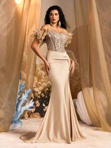 Glamrae Elegant Luxurious Off Shoulder Faux Fur Sleeve Sheer Faux Pearls Contrast Sequins Elastic Bodycon Slit Fish Tail Dress, Suitable For Weddings, Parties, Graduations, Balls, Galas, Party Dress, Wedding Guest Dress, Formal Dress, Evening Dress, Gown