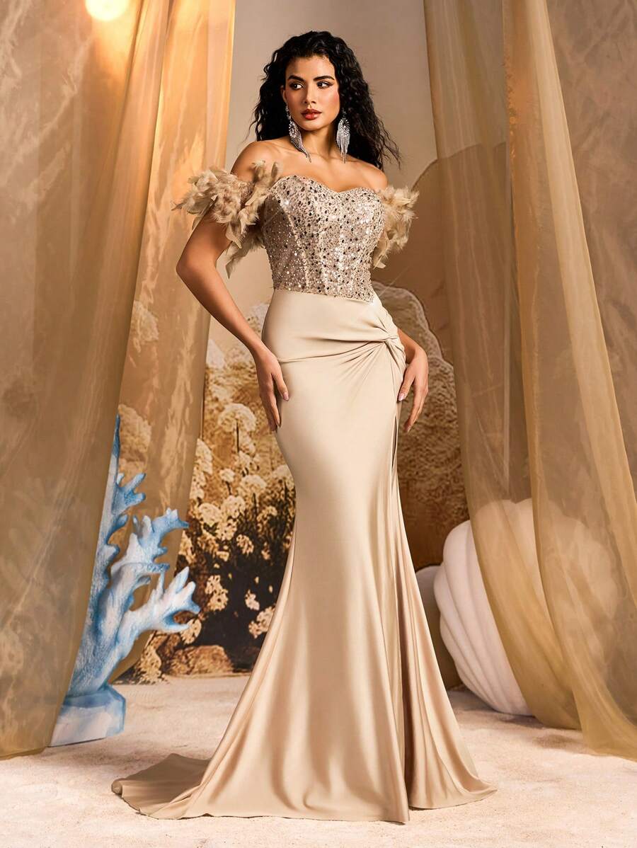 Glamrae Elegant Luxurious Off Shoulder Faux Fur Sleeve Sheer Faux Pearls Contrast Sequins Elastic Bodycon Slit Fish Tail Dress, Suitable For Weddings, Parties, Graduations, Balls, Galas, Party Dress, Wedding Guest Dress, Formal Dress, Evening Dress, Gown