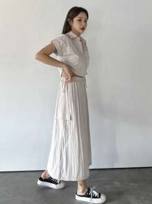 DAZY 2pcs/Set Women Solid Drawstring Shirt Top And Elastic Waist Pocket Skirt - Beige - View 8