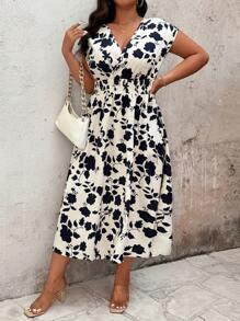 SHEIN Clasi Plus Size Women Floral Print Waist Tie Casual Dress, Elegant For Vacation - Blue - View 5