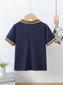 SHEIN 1pc Boys' Casual Sports Polo Shirt, Colorblock Design, Suitable For School, Outings, Outdoor Activities, Spring & Summer - Blue - View 2