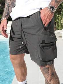 Manfinity Homme Pantalones cortos cargo de verano casuales para hombres con cintura con cordón, pantalones cortos cargo para hombres, de vuelta a la escuela