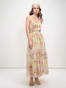 EMERY ROSE Vestido Longo Modelador de Figura Estilo Resort Francês "Tea Break", Vestido Camisete Fluido Amarelo com Estampa Floral Miúda para Praia - Multicolorido - Visão 9