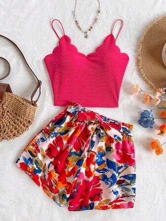 Soleia 2 pièces/Set Top court avec bretelles et imprimé floral tropical et short ample de plage avec taille élastique, volants et poches, tenue d'été pour femmes