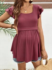 SHEIN Burgundy Maternity Knitted Casual T-Shirt With Ruffle Cap Sleeves And A Square Neckline - Burgundy - View 5