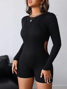 INAWLY 女士纯色长袖连身裤 - 黑色 - 查看 1