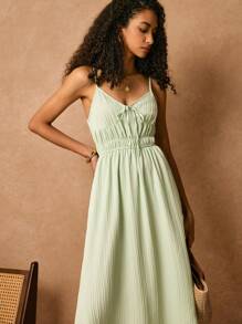 Poéselle 女士绉纱细肩带日装连衣裙、女士连衣裙、长款 A 字形露背连衣裙、夏季连衣裙、中长款女士连衣裙、度假风格、挤奶女工工作连衣裙、秋季连衣裙、不分季节的基本款下装连衣裙 - 薄荷綠 - 查看 3