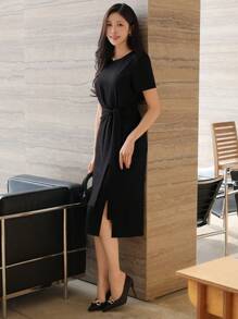 DAZY Summer Elegant Solid Color Round Neck Tie Waist Women's Mid-Length Dress Elegant Sundress - Black - View 3