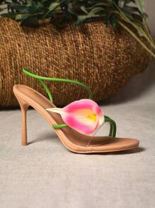 SHUZIA 女士百合花朵装饰夏季度假可爱优雅女性性感 PU 裸色高跟凉鞋 - 米色 - 查看 1