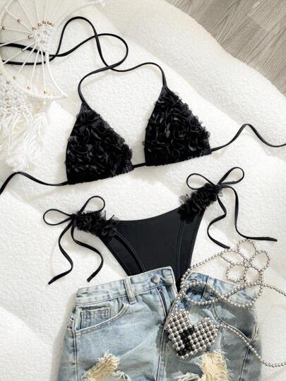 SHEIN Swim Beach Outfits For Women, Solid Color Elegant Halter Spaghetti Strap Floral 3D Decor Casual Vacation Style 2 Pieces Swimwear For Summer