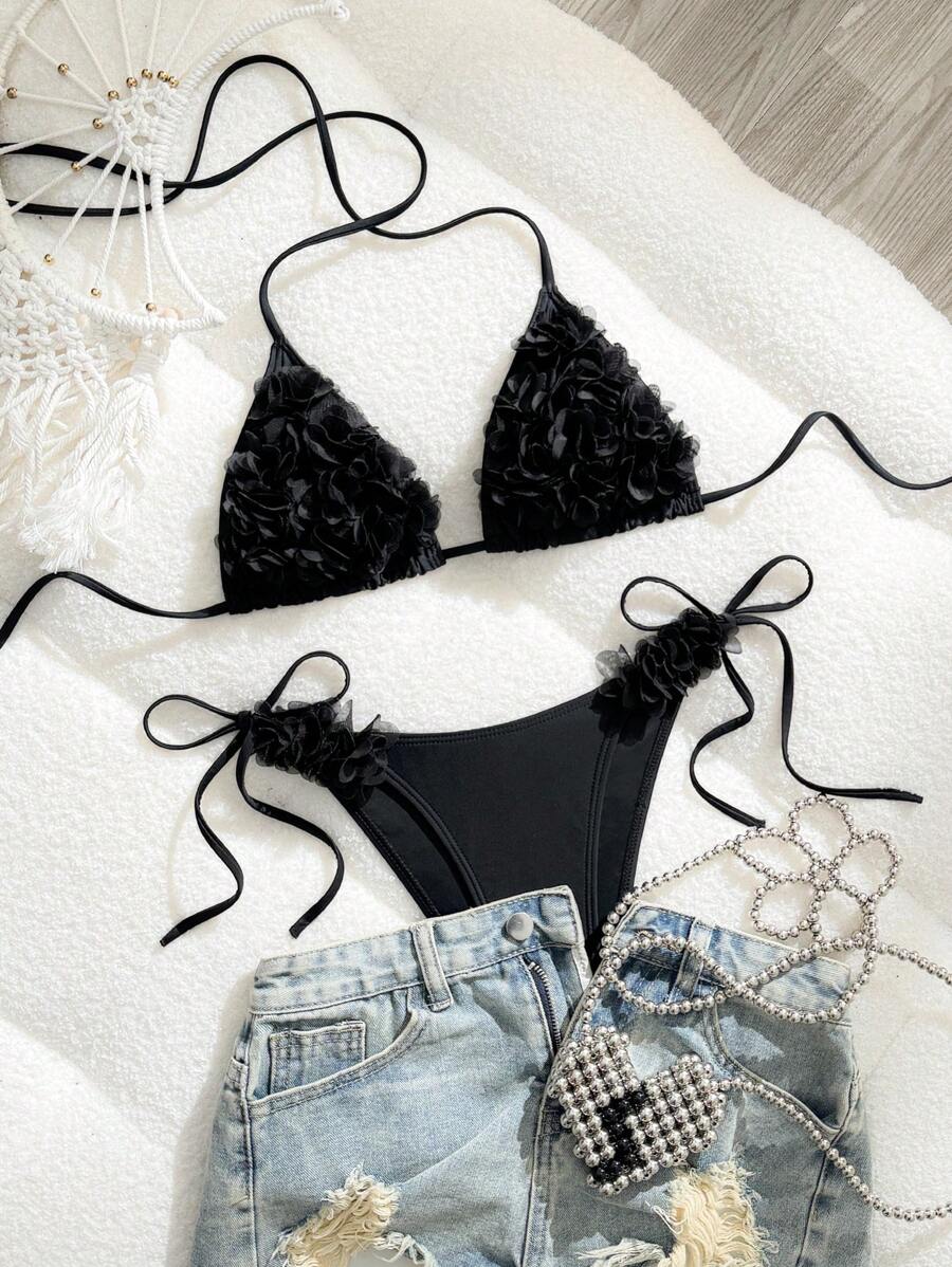 SHEIN Swim 女士沙滩装，纯色优雅吊带细肩带花卉 3D 装饰休闲度假风格两件套泳衣 - 黑色 - 查看 1