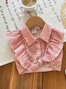 SHEIN Casual Baby Girl Checkered Ruffle Collar Blouse, Versatile For Summer - Pink - View 3