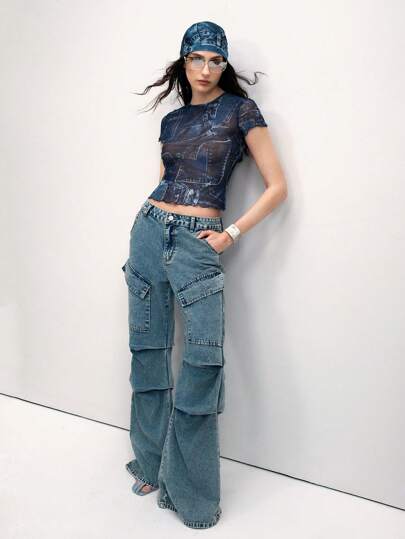 Chiquease 女式网眼牛仔效果印花短袖短款上衣