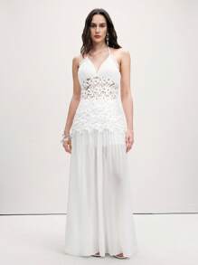 EMERY ROSE New Classical Deep V Neck Backless Hollow Out Lace Patchwork Pleated Chiffon Dress - White - View 6