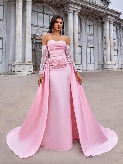 Glamrae Elegant Bara Axlar Kontrast Spets Splicing Halsringning Lyxigt Utsmyckad Transparent Långärmad Sjöjungfru Avtagbar Extra Stor Draperad Svans (2-i-1) Couture Bröllopsklänning, Brud