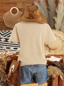 Calvaya Women's Short Sleeve Western Boots And Hat Monogram Print T-Shirt Casual Short Sleeve Crew Neck Top Let's Go Girls Graphic Tees Women Tops - Apricot - View 2