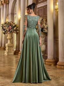 Aureia Elegante vestido de noche de seda con escote en V, manga larga, apliques y bloqueo de color, abertura alta, para fiestas, bodas, eventos formales