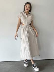 DAZY 2pcs/Set Women Solid Drawstring Shirt Top And Elastic Waist Pocket Skirt - Beige - View 3