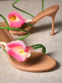 SHUZIA 女士百合花朵装饰夏季度假可爱优雅女性性感 PU 裸色高跟凉鞋 - 米色 - 查看 4