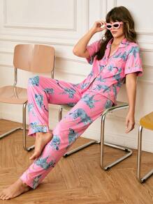 Chillnights Women Leopard Print Short Sleeve Button-Up Top And Pants Pajama Set - Multicolor - View 6