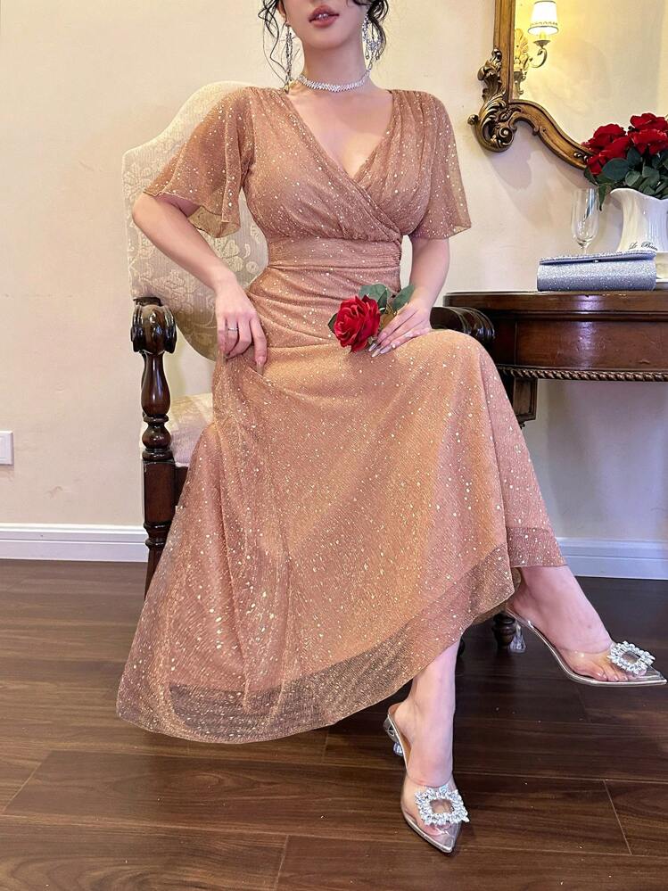 DAZY Vestido de mujer de longitud media con cuello en V, mangas acampanadas, plisado y adornado con lentejuelas. Vestido de fiesta, vestido de verano, vestido de graduación, vestido de gala de lujo, vestido brillante - Champán - Añade 3