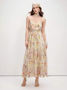 EMERY ROSE Vestido Longo Modelador de Figura Estilo Resort Francês "Tea Break", Vestido Camisete Fluido Amarelo com Estampa Floral Miúda para Praia - Multicolorido - Visão 8