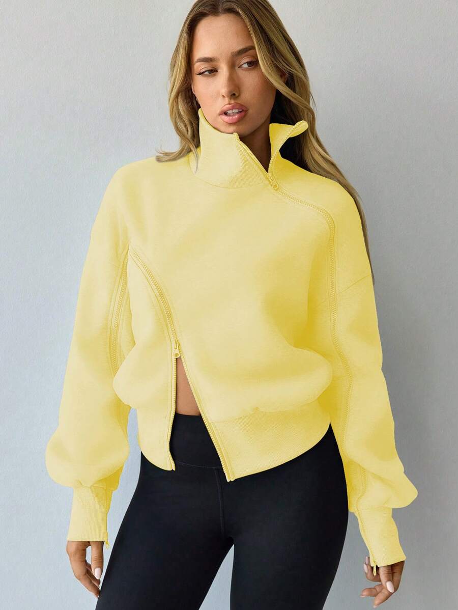 Hanevo Women's Lantern Sleeve Zip-Up High Neck Fleece Sweatshirt,Graduation,Teacher,Back To School Pullover Fall - Yellow - View 1