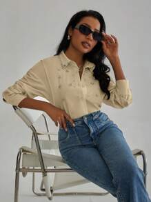 Aveloria Modichic Camicia a maniche lunghe da donna con decorazione di tipo diamante, elegante camicia casual da ufficio con bottoni per donne
